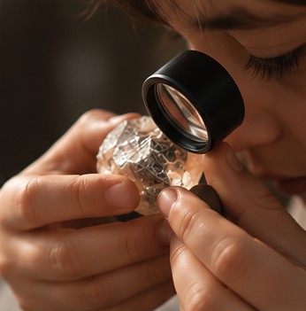 A child examining a crystal with a loupe