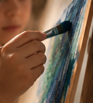 A child's hand painting a canvas